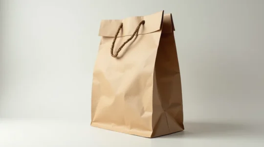 Sachet kraft avec textures naturelles et fibres visibles, photographie éditoriale professionnelle