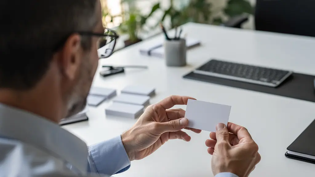 Entrepreneur vérifiant la qualité de cartes de visite imprimées à son bureau