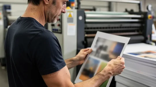 Opérateur vérifiant une feuille imprimée devant une presse offset industrielle
