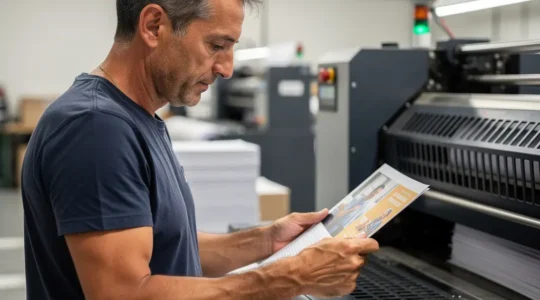 Technicien imprimeur vérifiant la qualité d'impression dans un atelier professionnel