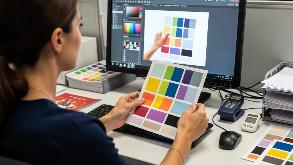 Technicienne prépresse comparant épreuve papier et écran de calibration colorimétrique