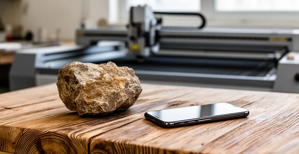 Test de QR code gravé sur pierre dans un atelier