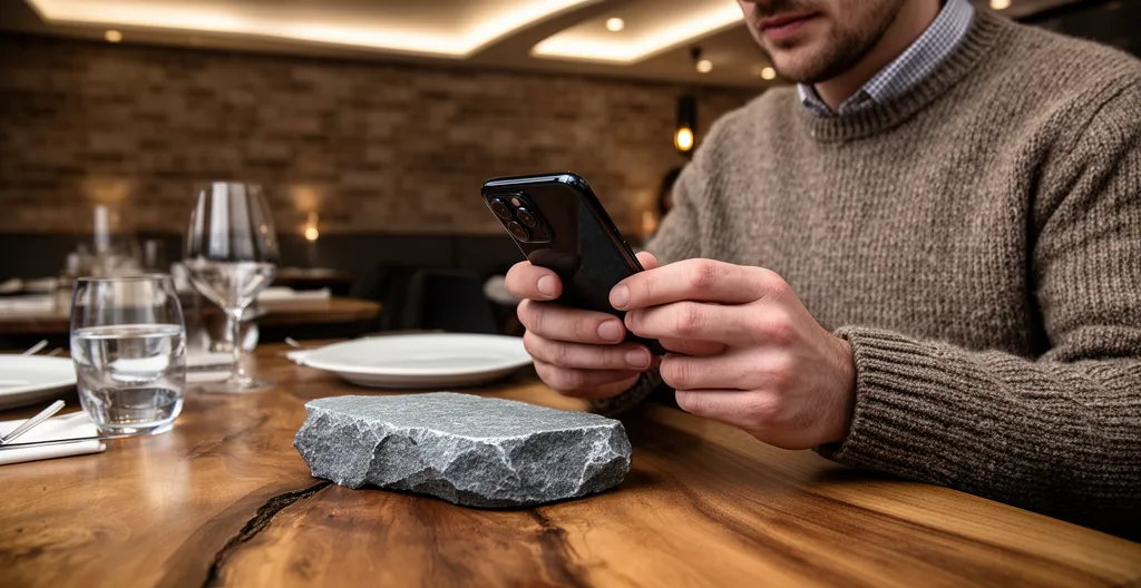 Support en pierre avec QR code sur table de restaurant