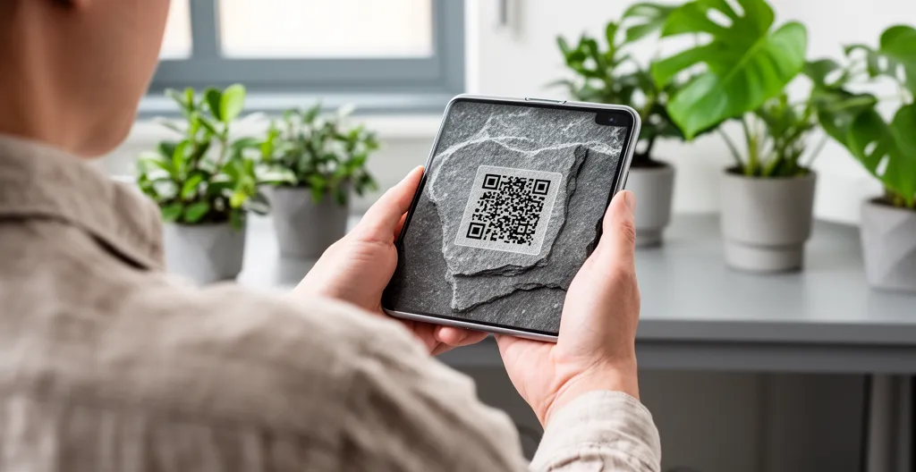 Smartphone en train de scanner un QR code gravé sur pierre mate