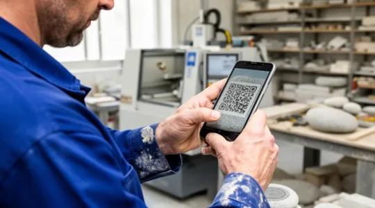 Technicien scannant un QR code gravé sur galet en atelier