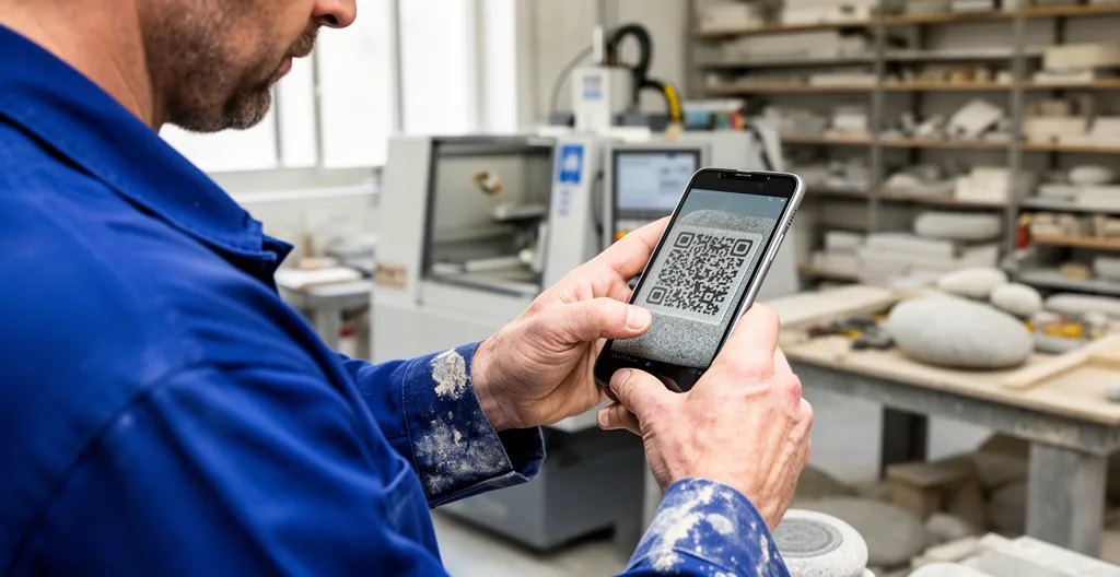 Technicien scannant un QR code gravé sur galet en atelier