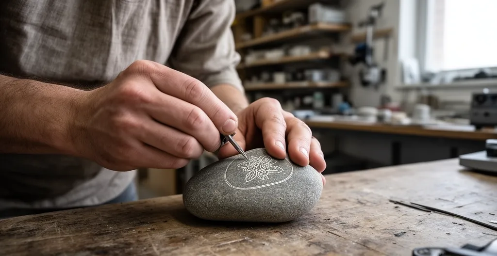 Technicien réglant la zone de gravure laser sur un galet
