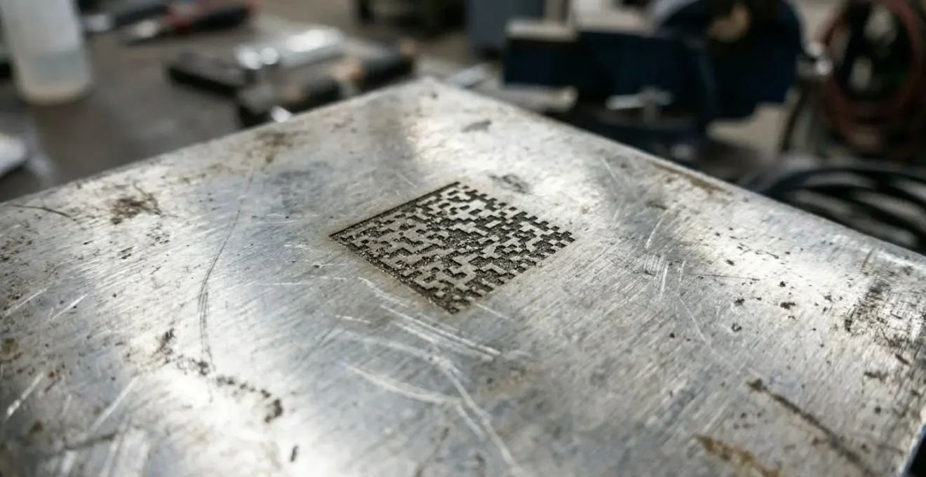 Gros plan sur une surface métallique gravée montrant un code DataMatrix avec des reflets naturels