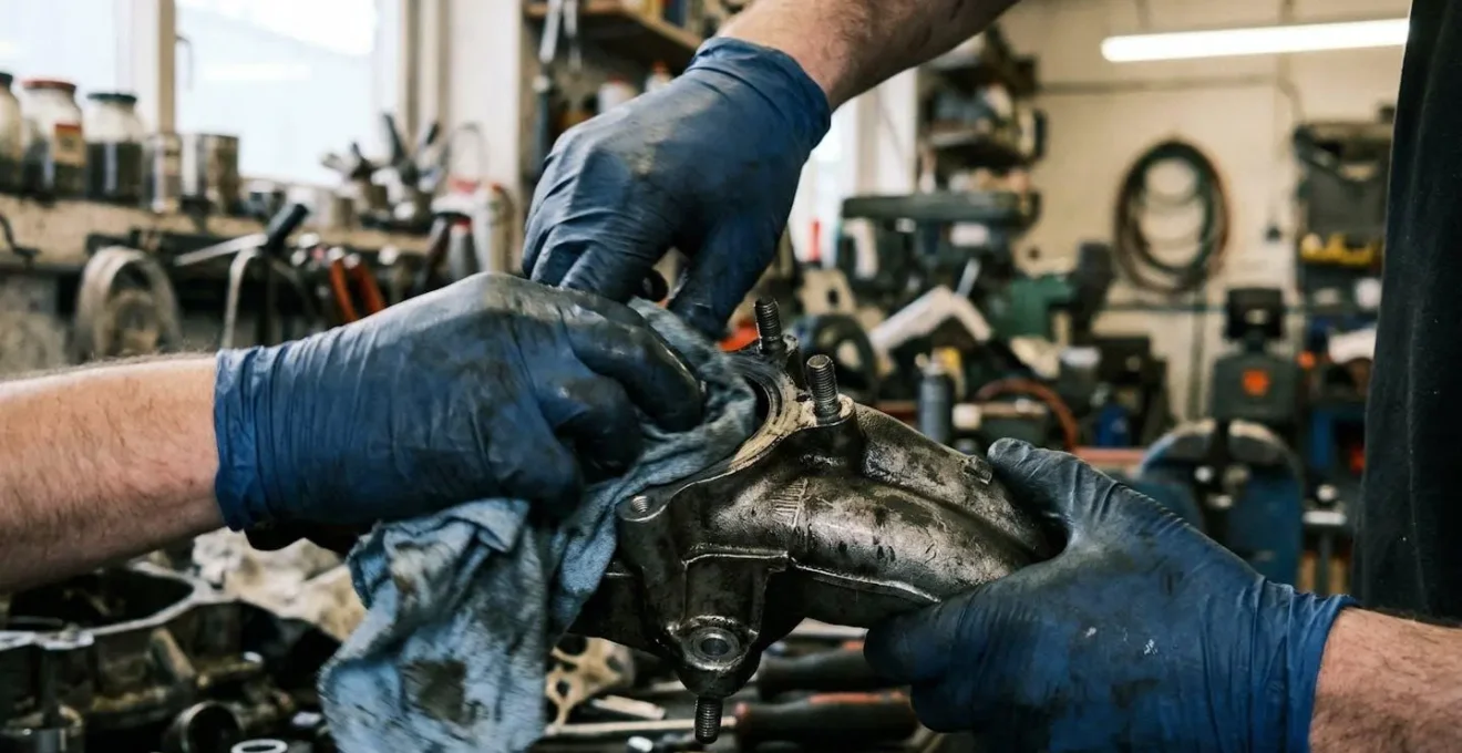 Mains gantées d'un opérateur nettoyant une pièce métallique avec un chiffon dans un atelier