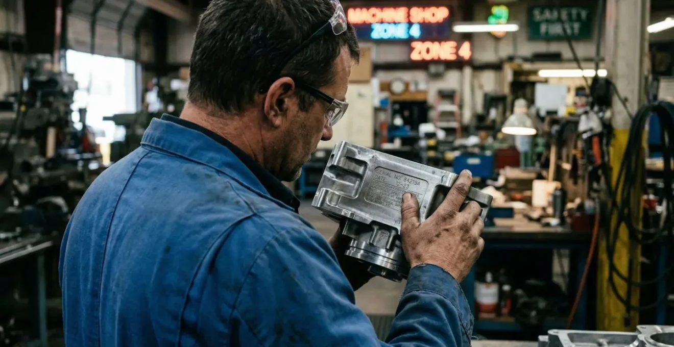 Un technicien en bleu de travail examine une pièce métallique gravée dans un atelier industriel éclairé par des néons